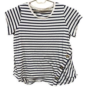 89th Madison Women Top 1X Beige Blue Striped Short Sleeve Rayon Blend Minimalist